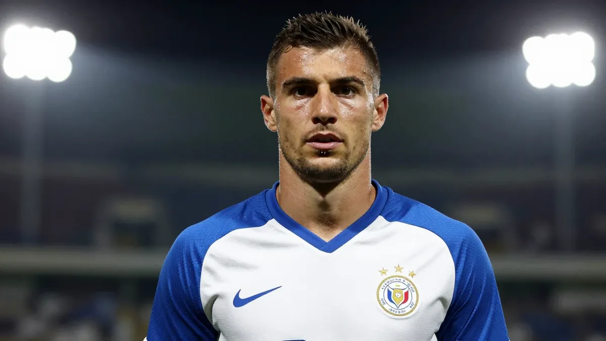 A 30-year-old male football player, build athletic, in a blue and white kit